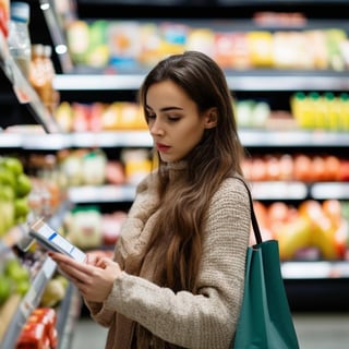 Nainen katsoo tuotteen tietoja kaupassa
