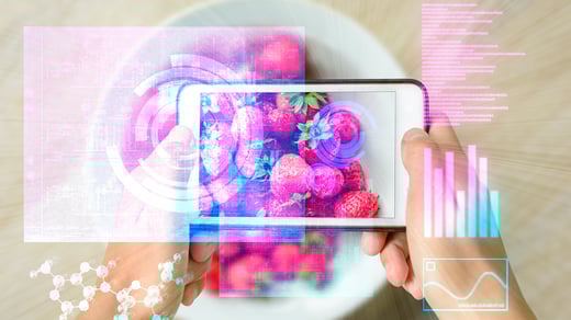 Mansikoita lautasella, skannaus älypuhelimella ja dataa